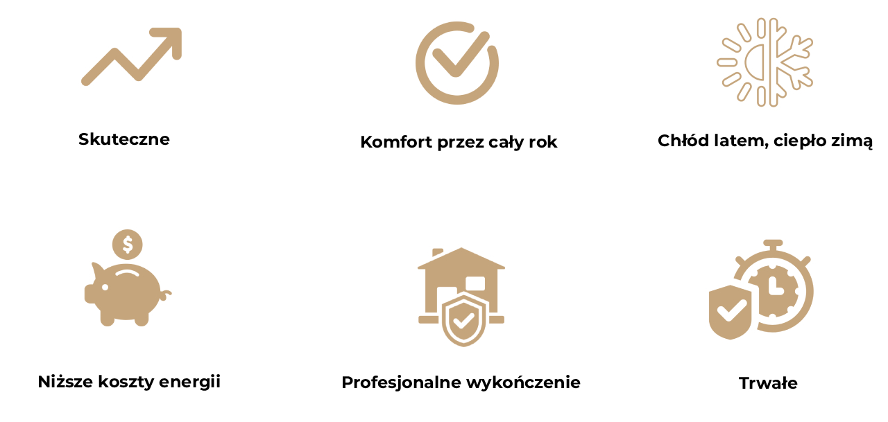 Obraz przedstawia sześć ikon opisujących zalety płyt termoizolacyjnych ThermoKork Pro.